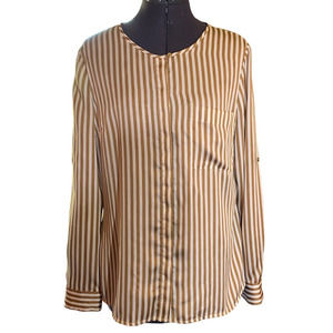 Dana Buchman Womens Sz 12 Button Front Gold Stripe Lightweight Hi Low Blouse